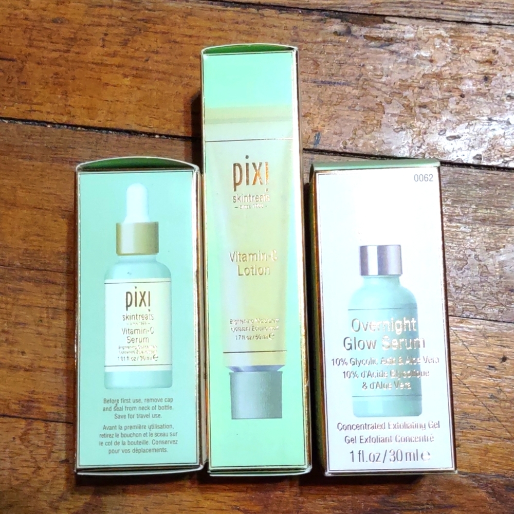 Pixie face bundle pixie vitamin C serum pixie skin treat overnight glow and loti